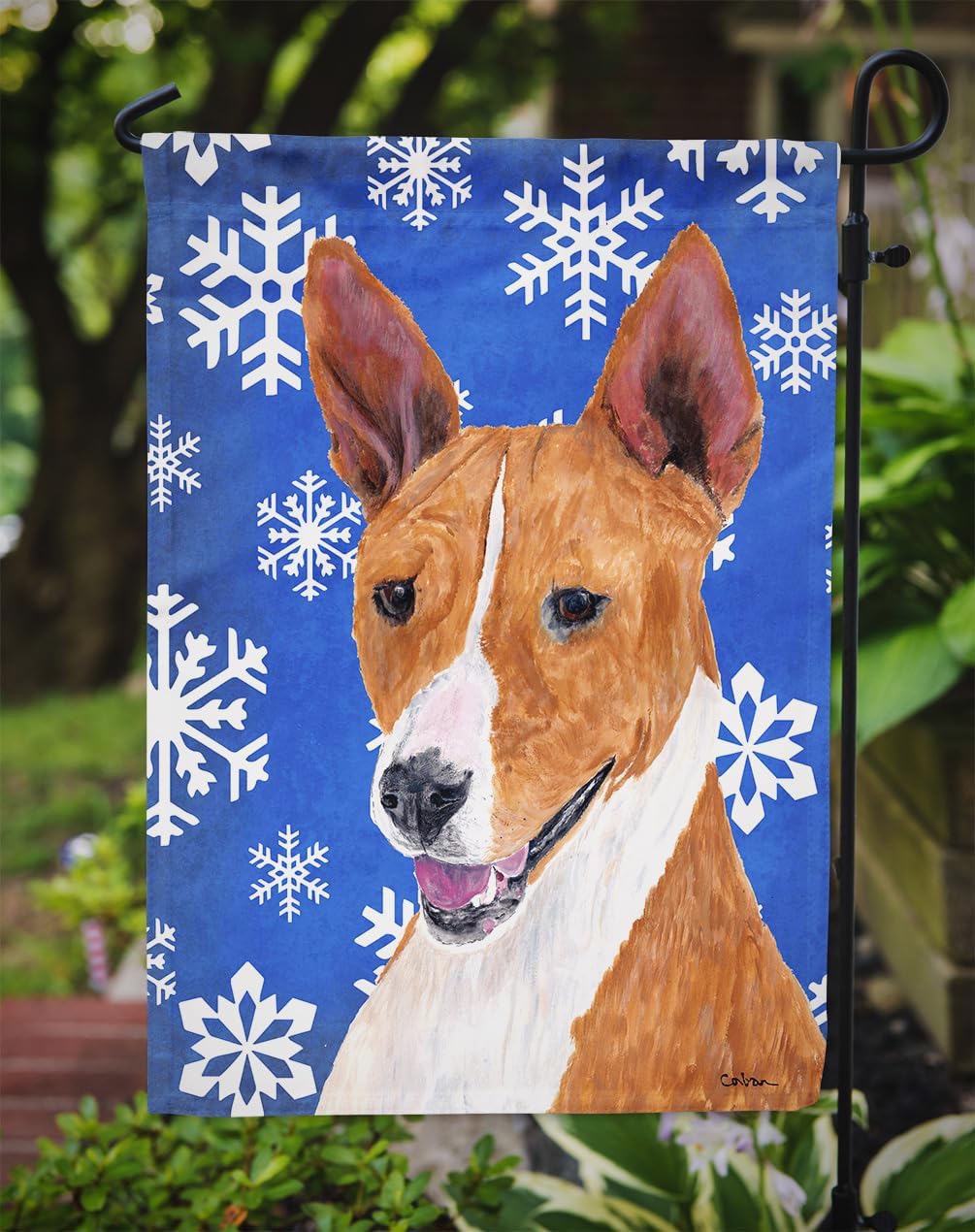 Caroline's Treasures SC9387GF Basenji Winter Snowflakes Holiday Garden Flag Mailbox Flag Decorative Yard Flag Banner Outside Patio Artwork Yard Flower Beds, Garden Size, Multicolor