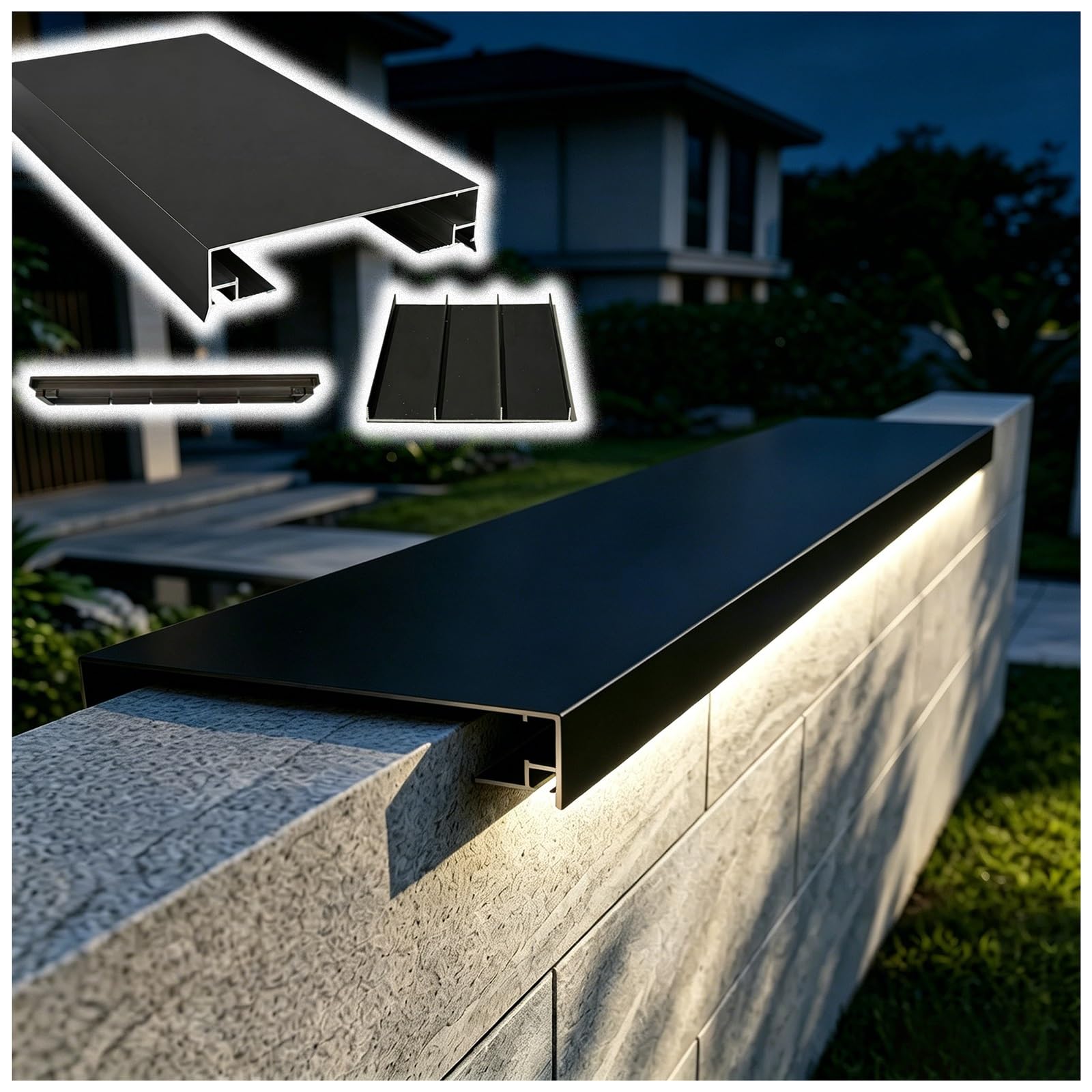 Parapet Wall Coping Cap Kit for Concrete Block/Brick Walls, All-Weather Resistant Aluminum Profiles Covering Plate with Light Strip Channels(Fit 130-216mm W,130cm/4.3ft L)