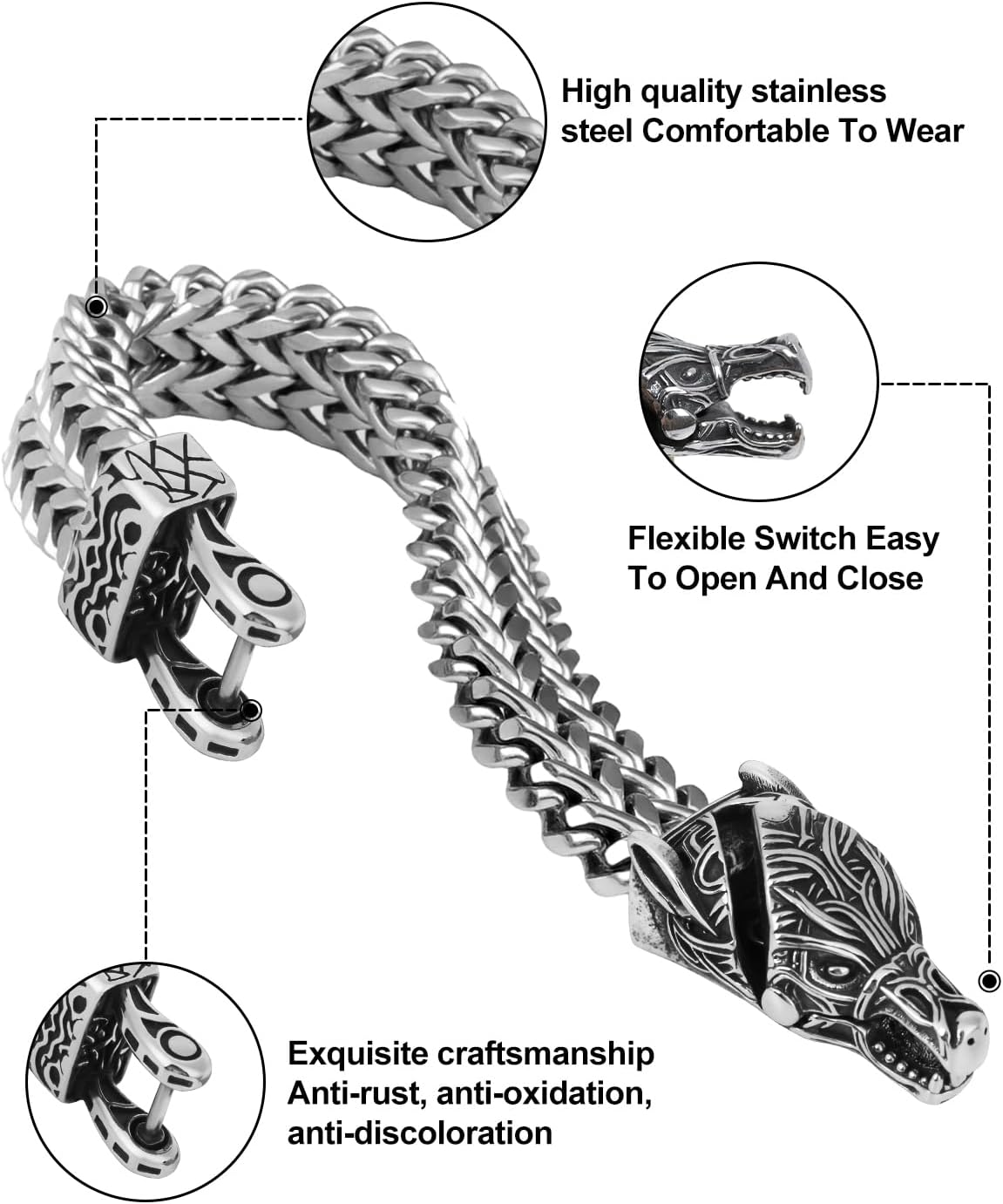 Stainless Steel Heavy Cuban Link Chain Bracelet Gothic Punk Rock Biker Viking Vintage Franco Link Curb Bracelet Jewelry for Men Silver - Image 4