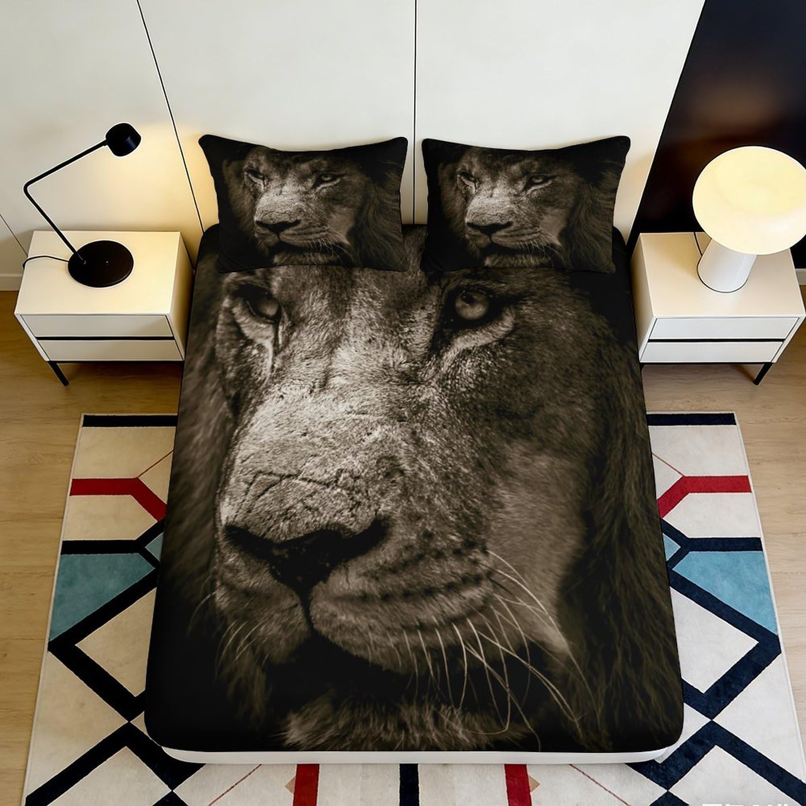 3D Printed Lion Face Fitted Sheet Microfiber Soft Breathable Animal Pattern Mattress Cover for Bedroom Dorm Decor 140x200x25cm