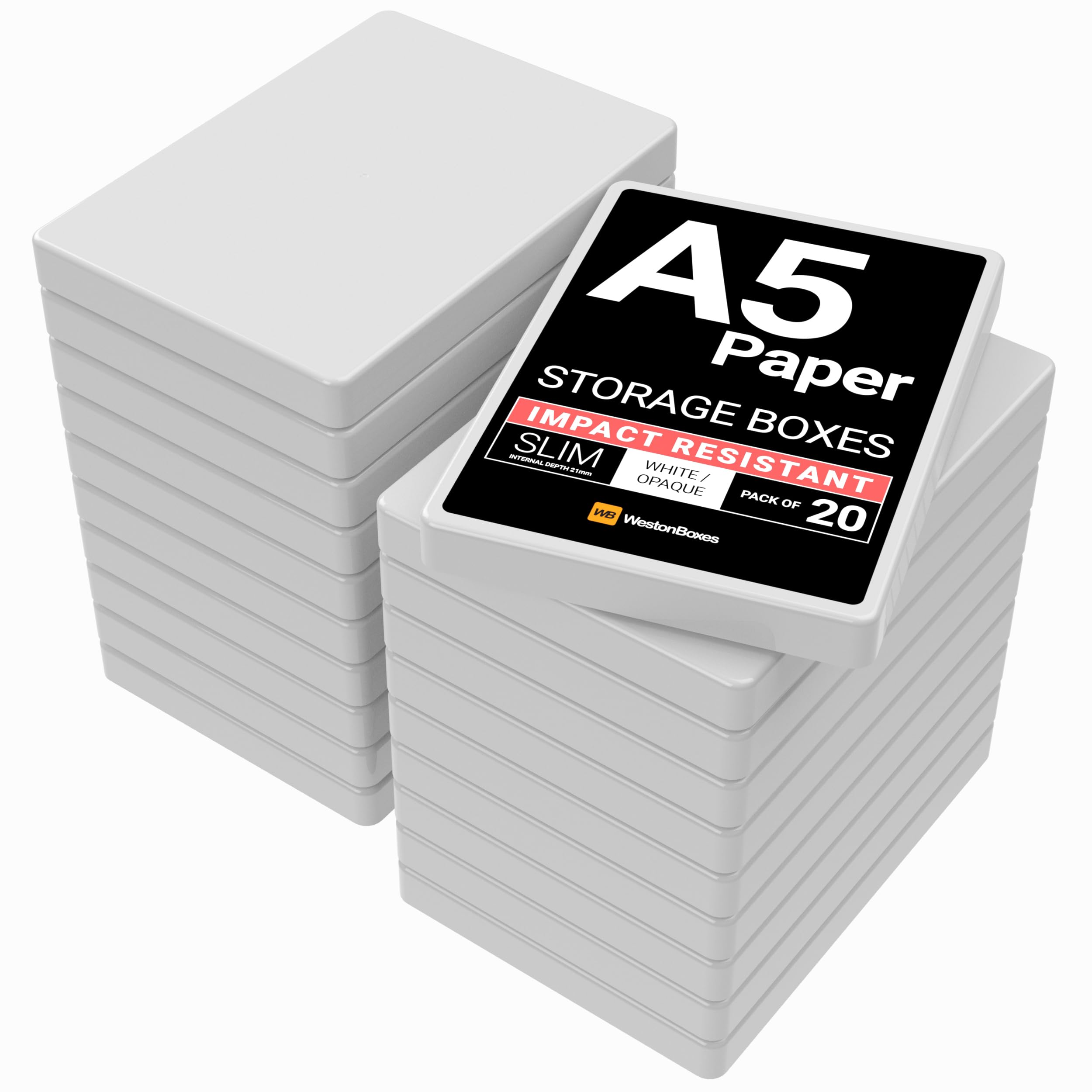 WestonBoxes A5 Slim Plastic Presentation Boxes with Lids for A5 Paper and Cardmaking Supplies (Pack of 20, White (Opaque))