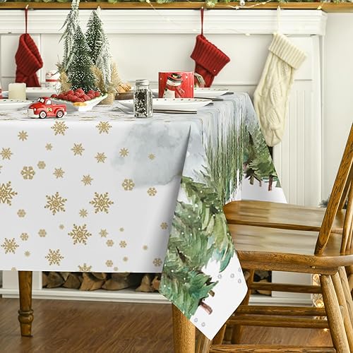 Miniatura 3 de Horaldaily Mantel de Navidad de 60 x 104 pulgadas, diseño de árboles de nieve dorados, lavable, para decoración de fiestas, pícnic, cenas