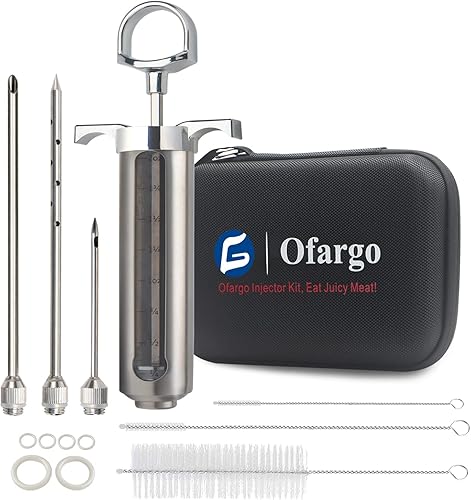 Ofargo Kit de inyector de carne para ahumador con 3 agujas de jeringa inyectoras de barbacoa sabor marinada, adobos inyectores para carnes, pavo,