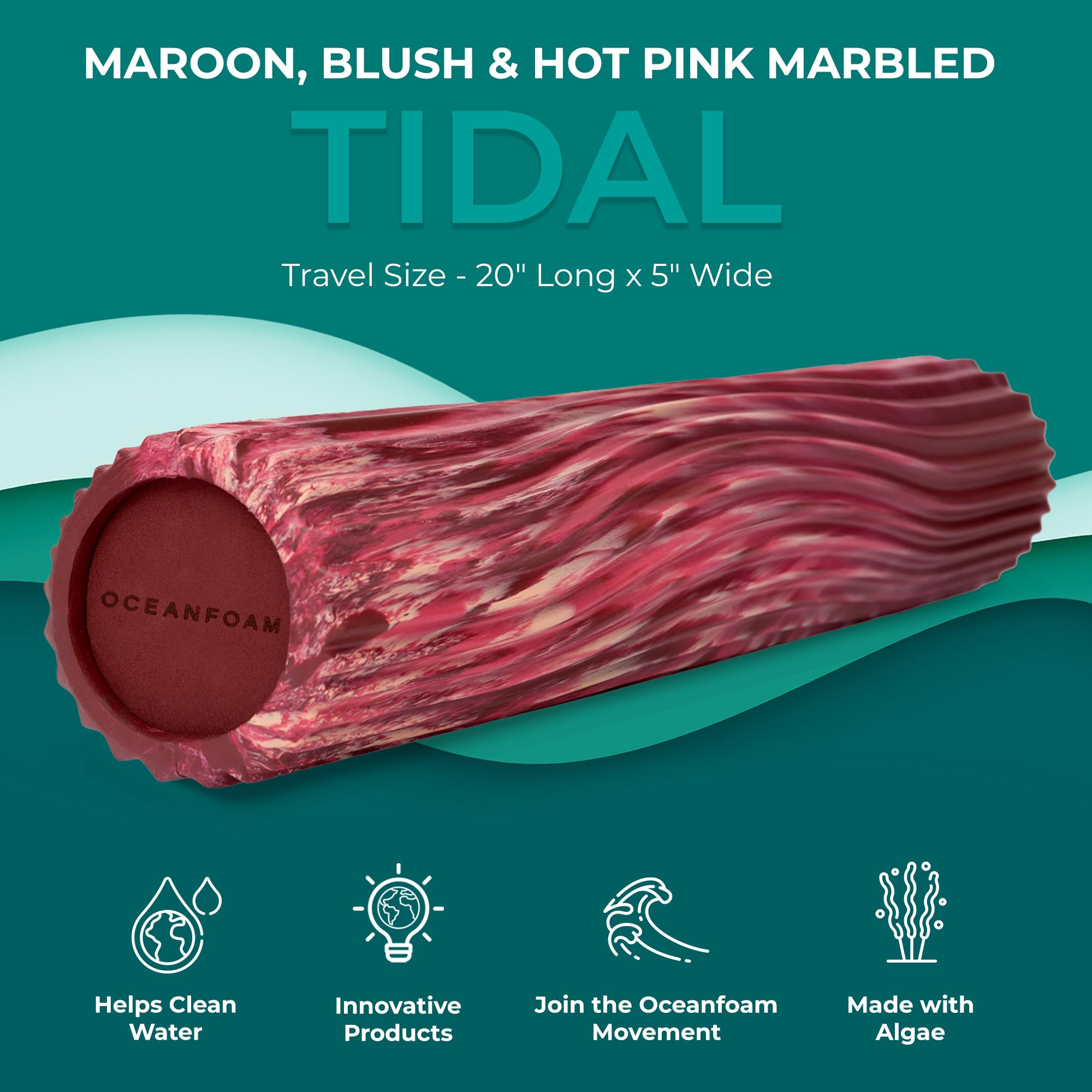 Oceanfoam Tidal Roller – Maroon, Blush & Hot Pink Marmorizzato – Rullo in schiuma per massaggio muscolare per mal di schiena e stretching, solido ed ergonomico a onde larghe testurizzate, yoga e