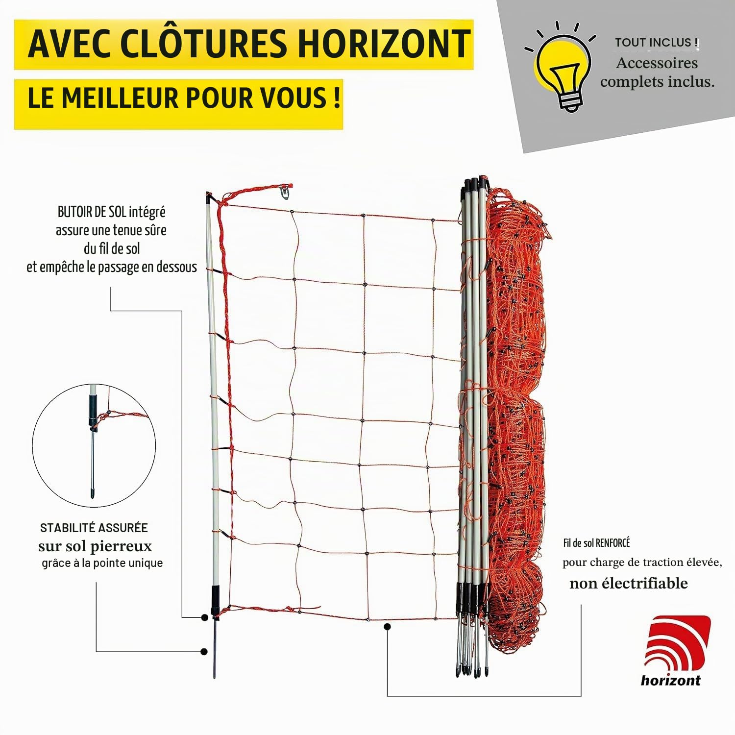 Horizont StrongLine Clôture mobile pour chiens de camping 50m 90cm, électrifiable, 14 piquets en fibre de verre, clôture de délimitation orange-Flexiber pour chiens, clôture mobile pour jardin