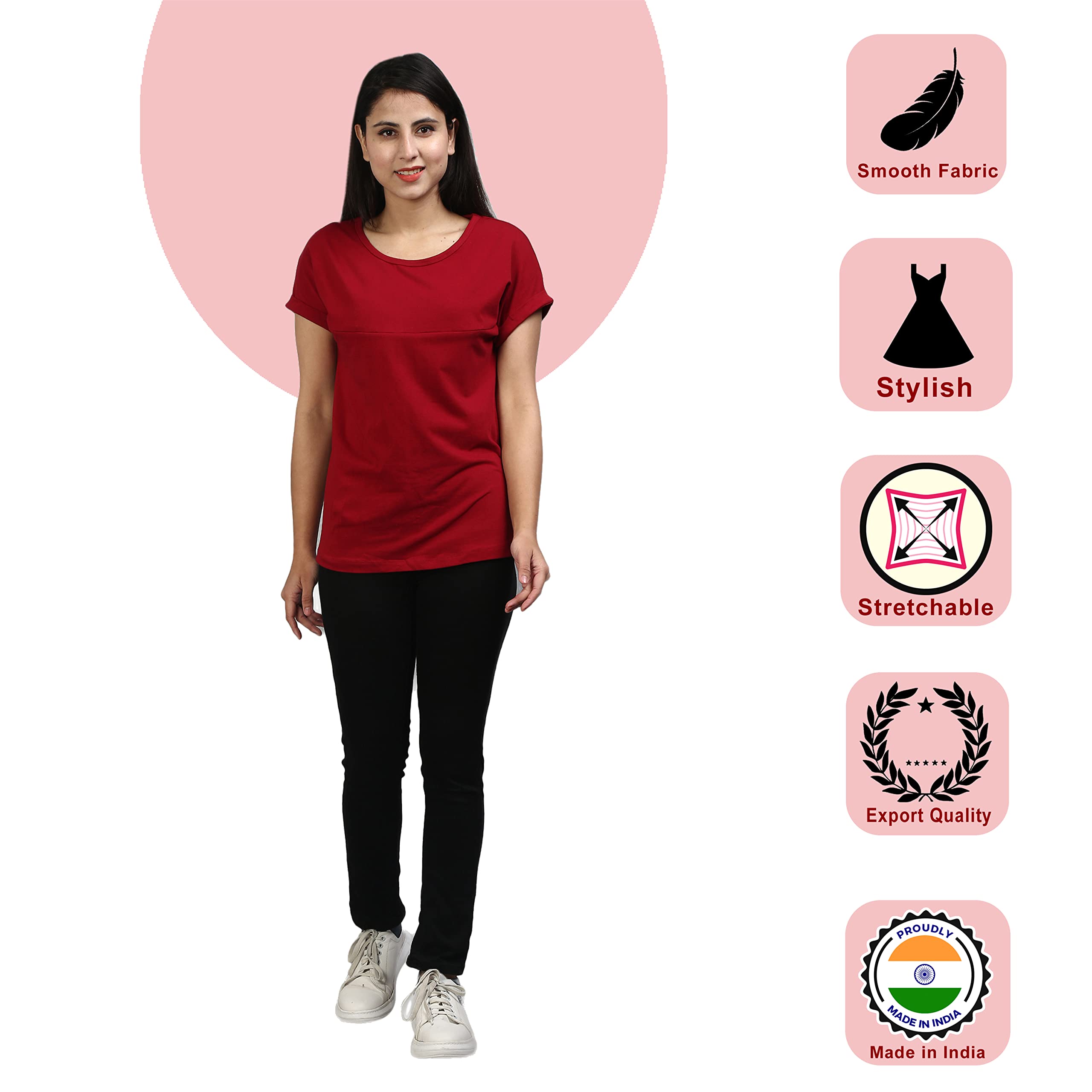 Sillyboom Premium Cotton Solid Women's Pregnancy Maternity Feeding T-Shirt, Nursing Top Tee Round Neck Half Sleeves T-Shirt for Pregnant Women (Maroon, L)