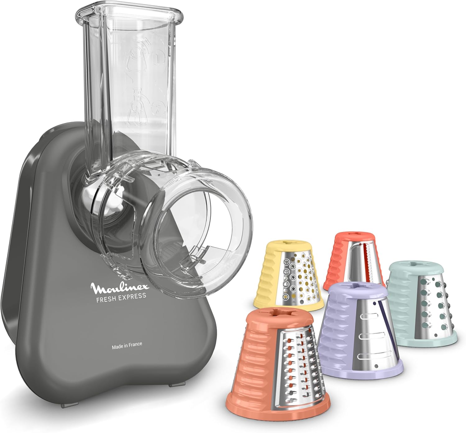 Moulinex Fresh Express DK855HE0 Electric Vegetable Grater, Direct Serving System, 5-in-1, Chopping, Grating, Grating, Wave-shaped, Cable Storage System, Accessories Dishwasher Safe, Grey