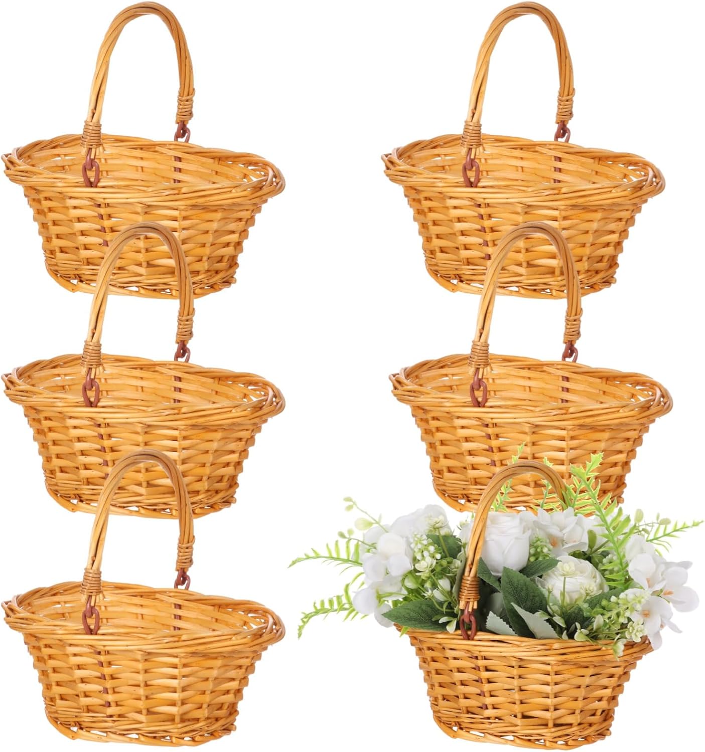 6 Pcs Small Wicker Picnic Basket, Willow Woven Gift Basket, 9 in Height Flower Girl Baskets with Handle, Brown Elegant Oval Handmade Baskets for Wedding Shower Home Garden Decor