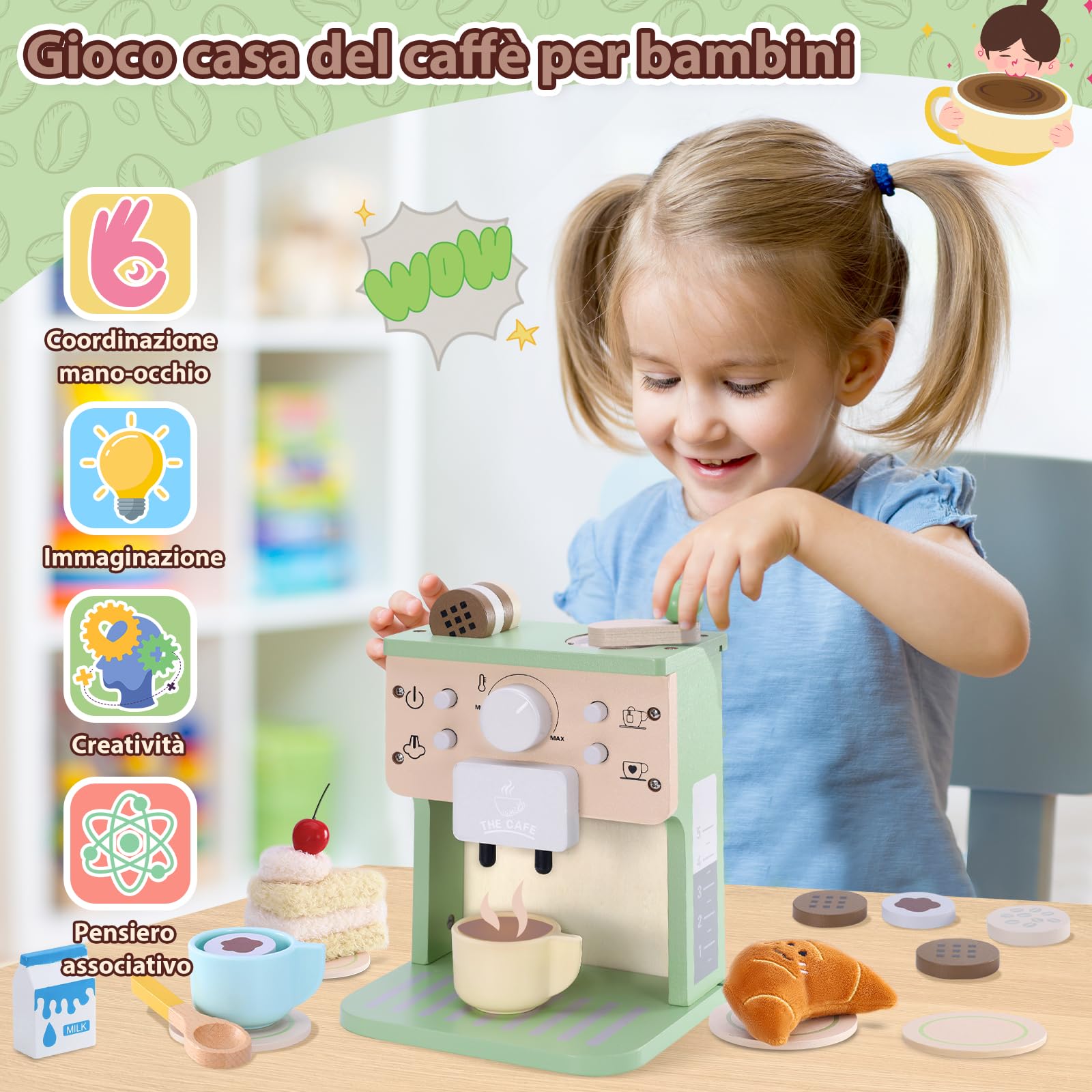 VBACALA Macchina da Caffè in Legno per Bambini,14 Pezzi Macchina da Caffè Espresso con Suoni e Bottoni,Accessori Cucina Bambini in Legno,Torta e Croissant in Tessuto,Regalo adatto a bambini dai 3+anni