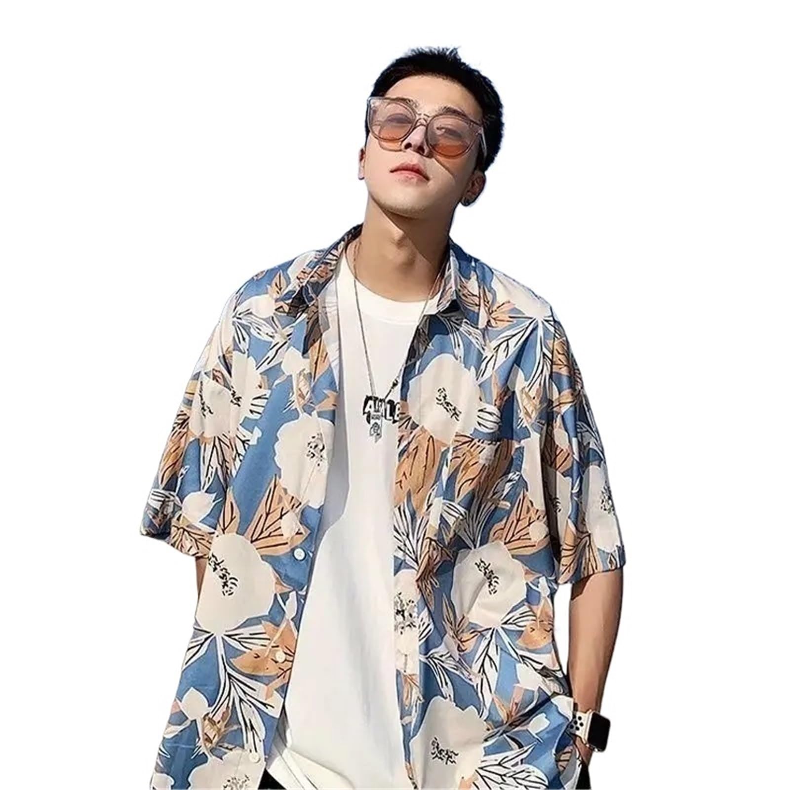 Chemises pour hommes manches courtes été bleu imprimé floral coupe cintrée S