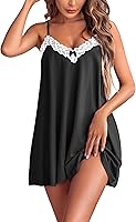Ekouaer Women's Sexy Lace Nightgown Spaghetti Strap Sleeveless Chemise Midi Sleep Dress V-Neck Lingerie