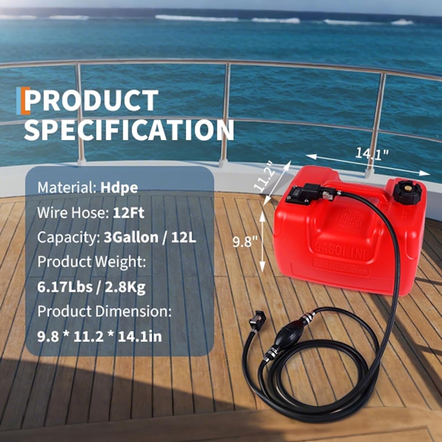Marine Tank, 3 Gal Marine Portable Tank Outboard Marine Boat Transfer Tank with 9.8 ft Hose, Gauge for Outboard Engine Boats, Yacht, Fishing Boat, Deck Boat