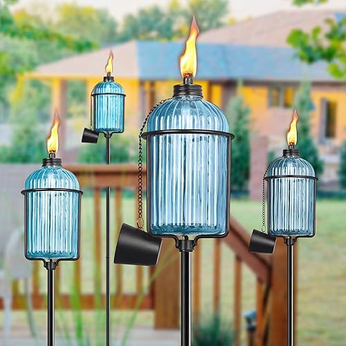 Vista 7 de 4 Pack Glass Garden Torch , 13.5 oz Blue Outdoor Torch Garden Décor , 61-Inch Upgraded Citronella Torches with 3-Prong Grounded Stake , Metal Light