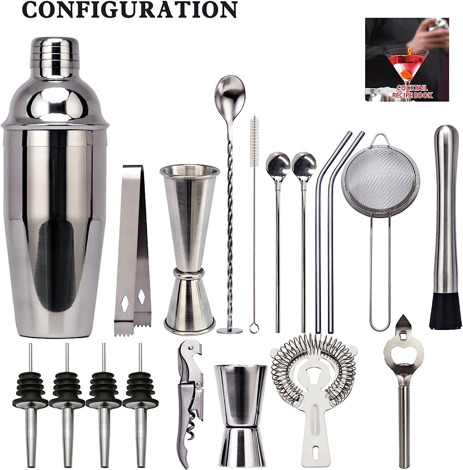 Kit Cocktail Set Cocktail Kit Barman 20Pcs Cocktail Shaker Accessorio Per Barista Strumento Per Kit In Acciaio Inossidabile Con Espositore In Acrilico Cocktail Shaker Set(550ml)
