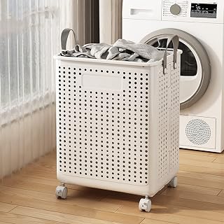 Collapsible Laundry Basket with Wheels Large Capacity Plastic Laundry Hamper Foldable Dirty Clothes Basket with Handles for Bathroom Bedroom Dorm Room Laundry Room PP Material