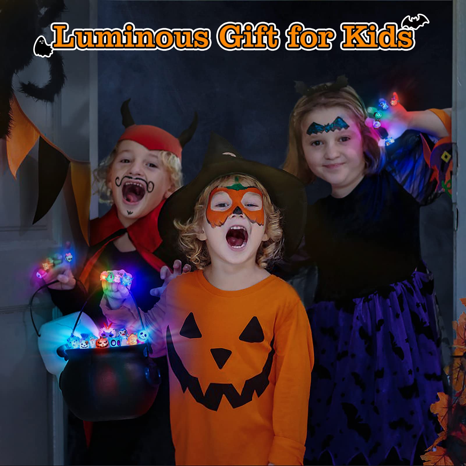 NPET 50Pcs Halloween Treats Light Up LED Rings, Non Candy Halloween Trick or Treats 3D Flashing Rings Toys Glow In the Dark Halloween Party Favor Ring Toy Gifts For Kids Adults Goodie Bag Stuffers