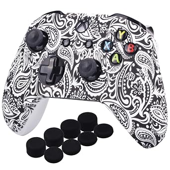 YoRHa Printing Rubber Silicone Cover Skin Case for Xbox One S/X Controller x 1Flowers&White with PRO Thumb Grips x 8