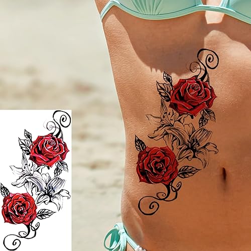 Miniatura 3 de 10 hojas de tatuajes temporales realistas de flores de rosas para mujeres, muslos de brazo, grandes y sexys serpientes, león, mariposa, tatuajes