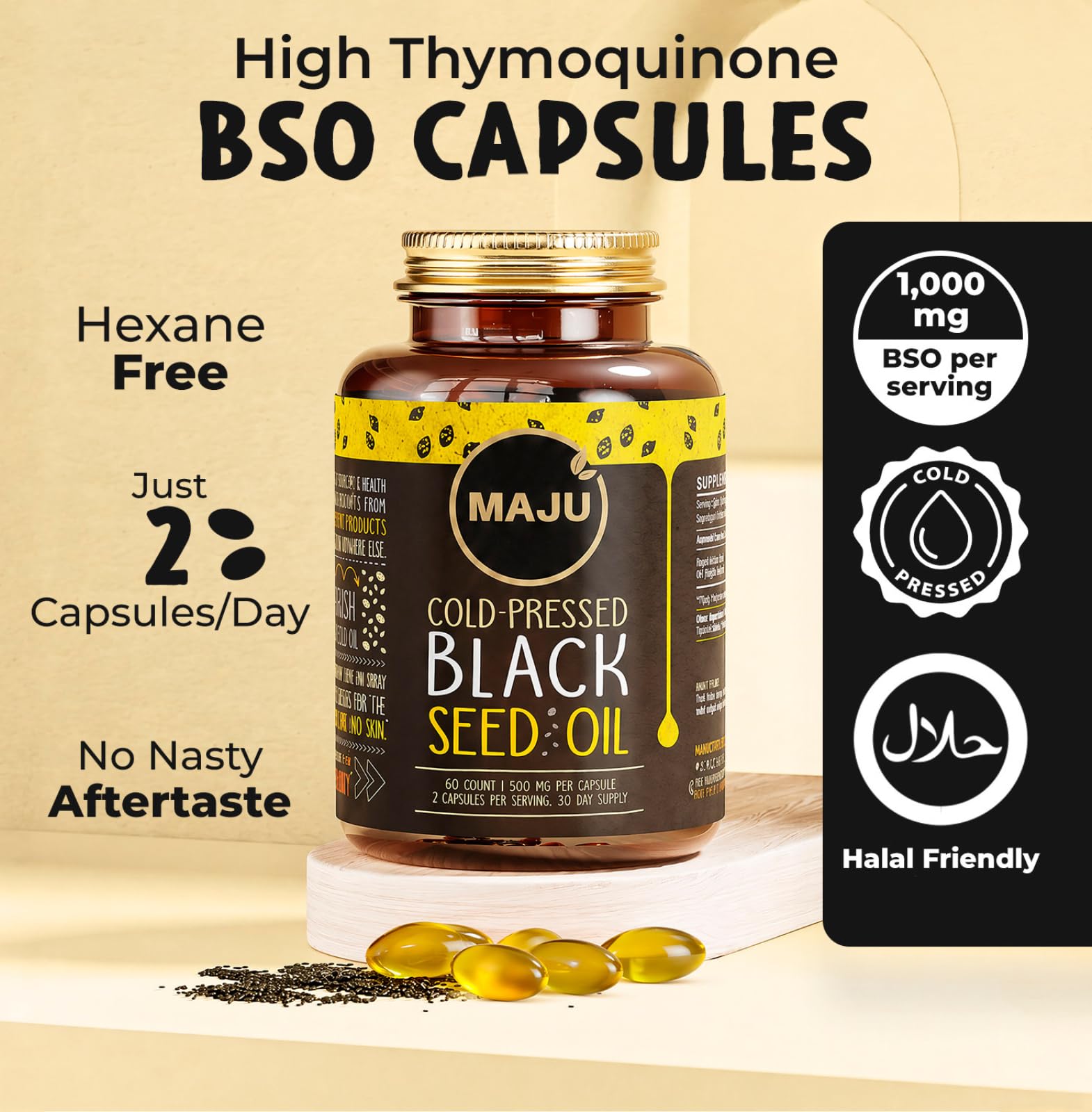 Maju Superfoods Black Seed Oil Capsules - Cold Pressed, 3X Thymoquinone, 100% Turkish Black Cumin Nigella Sativa Seed Oil, Liquid Pure Blackseed 60 Count, 500mg per Capsule — Amazon image 3