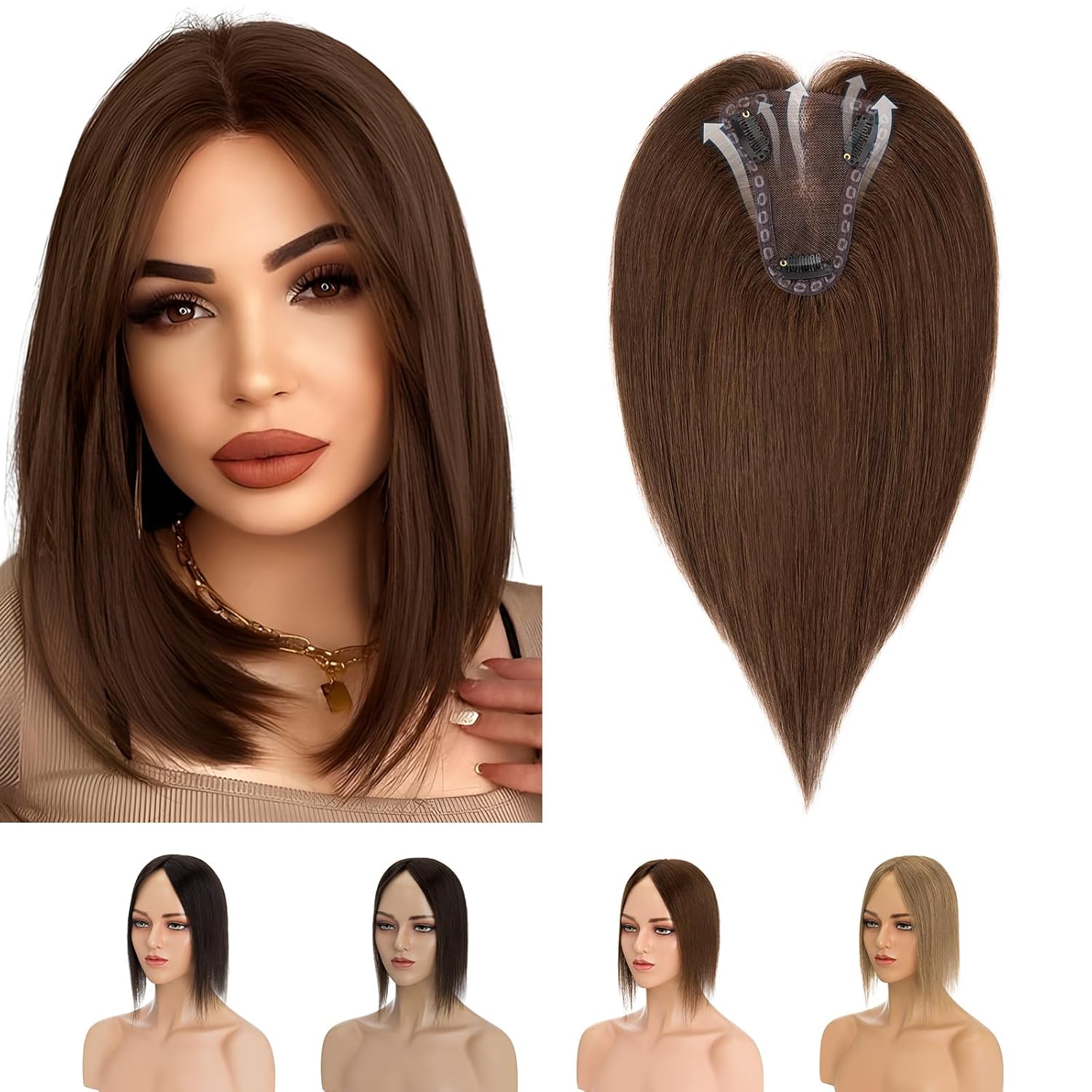 Elodia Real Human Hair Toppers for Women - No Bangs, Lace Base, Breathable Clip-in Remy Hair Topper - 10inch, Medium Brown