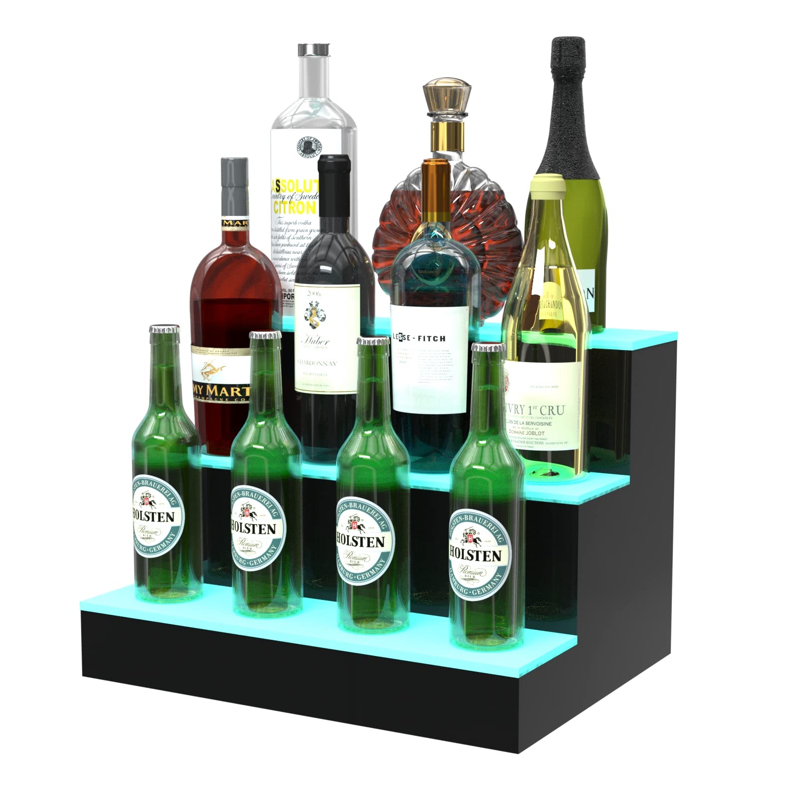LED Liquor Bottle Display Shelf, 16 inch 3-Step Lighted Acrylic Lighted Bar Shelf for Home, Illuminated Home Bar Shelf, Acrylic Lighted Bottle Display Stand with RF Remote