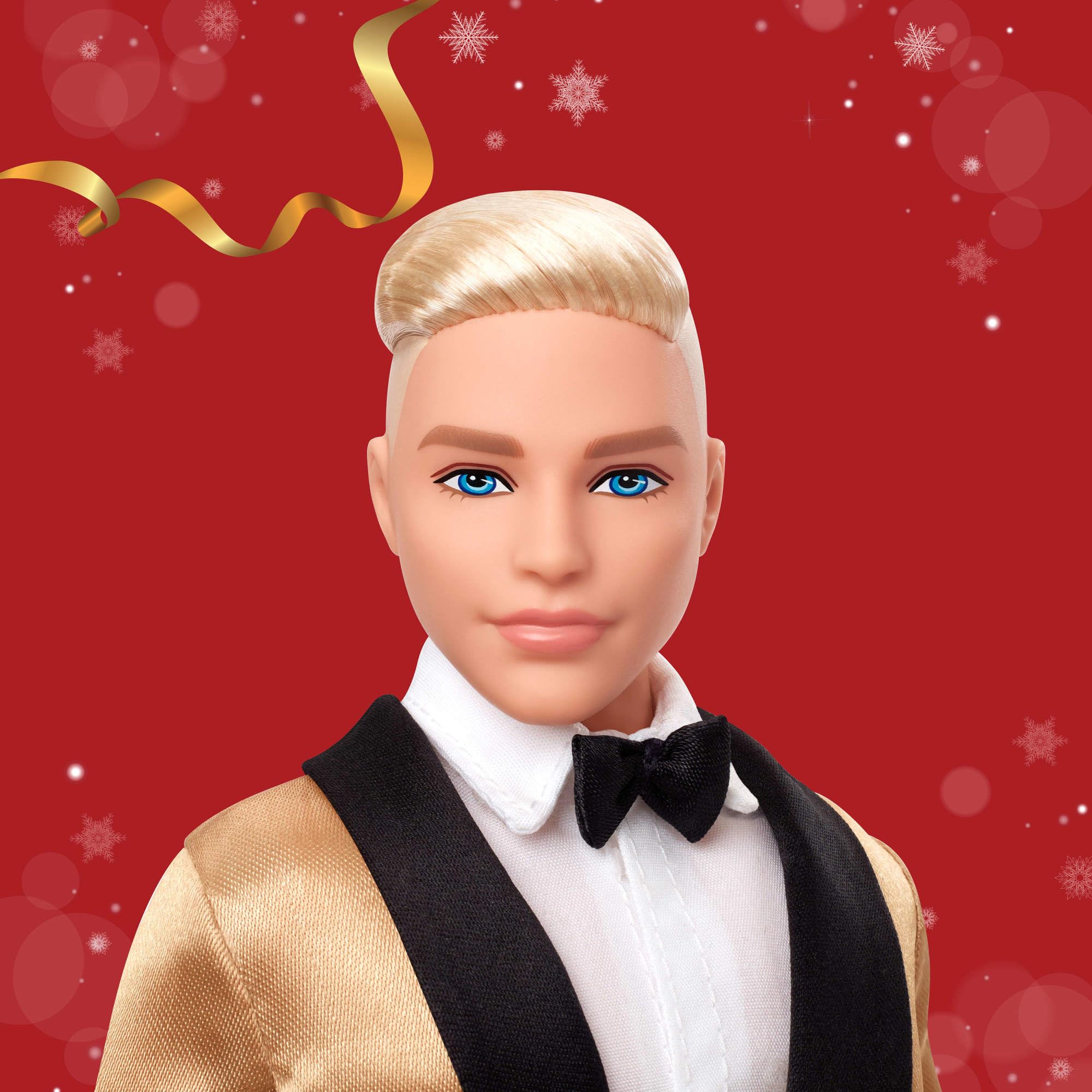 Barbie Signature 2025 Holiday Blonde Ken Collectible Fashion Doll wearing Full Suit with Golden Jacket in Displayable Packaging & Doll Stand - Image 2