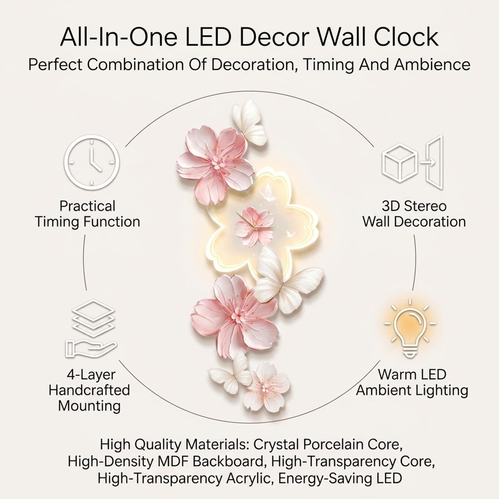 Orologio da Parete LED 3D Luminoso, Decorazione Parete Moderna Effetto Specchio, Grande Orologio Silenzioso per Soggiorno, Camera da Letto, Casa Estetica