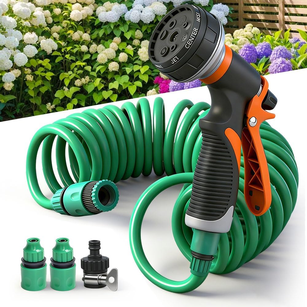 Flexible Garden Hose, 7.5 m Spiral Hose Water with 8 Function Shower Hose Connector, Hand Shower Water Hose, Flexible Hose for Car Washing, Pet Shower, Garden Watering, Green