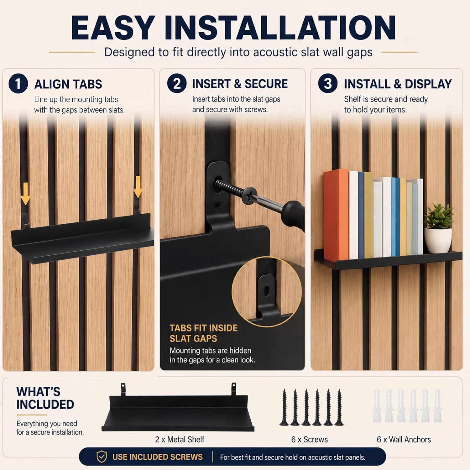 Hicarer 2 Pack Wall Shelves for Wood Slat Acoustic Panels 5.5 x 15.8