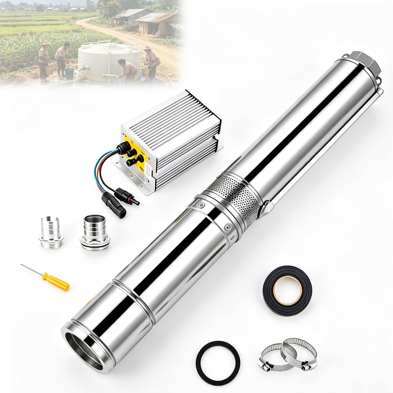 Bomba Sumergible For Pozo Profundo De CC, Equipo De Elevación Solar De 96 V Y 750 W, Diámetro Del Cuerpo De 4 Pulgadas, Flujo Estable De 13 M³/h For Entrada Doméstica Rural