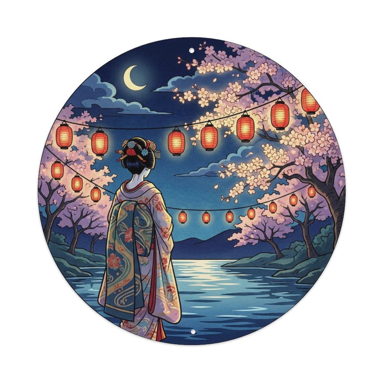 Yrnq 8X8inch Vintage Style Japanese Night Cherry Lantern Geisha Scene Metal Tin Sign