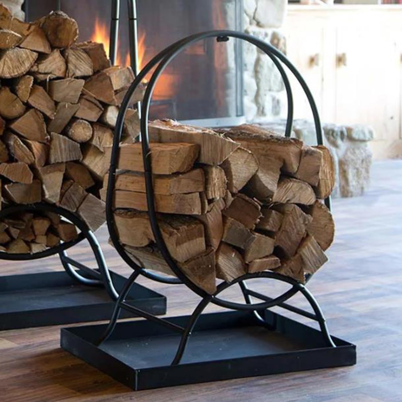 Piccolo contenitore curvo in legno con scatola portaoggetti, in acciaio, per legna da ardere in stile country, per soggiorno/cabina/campeggio