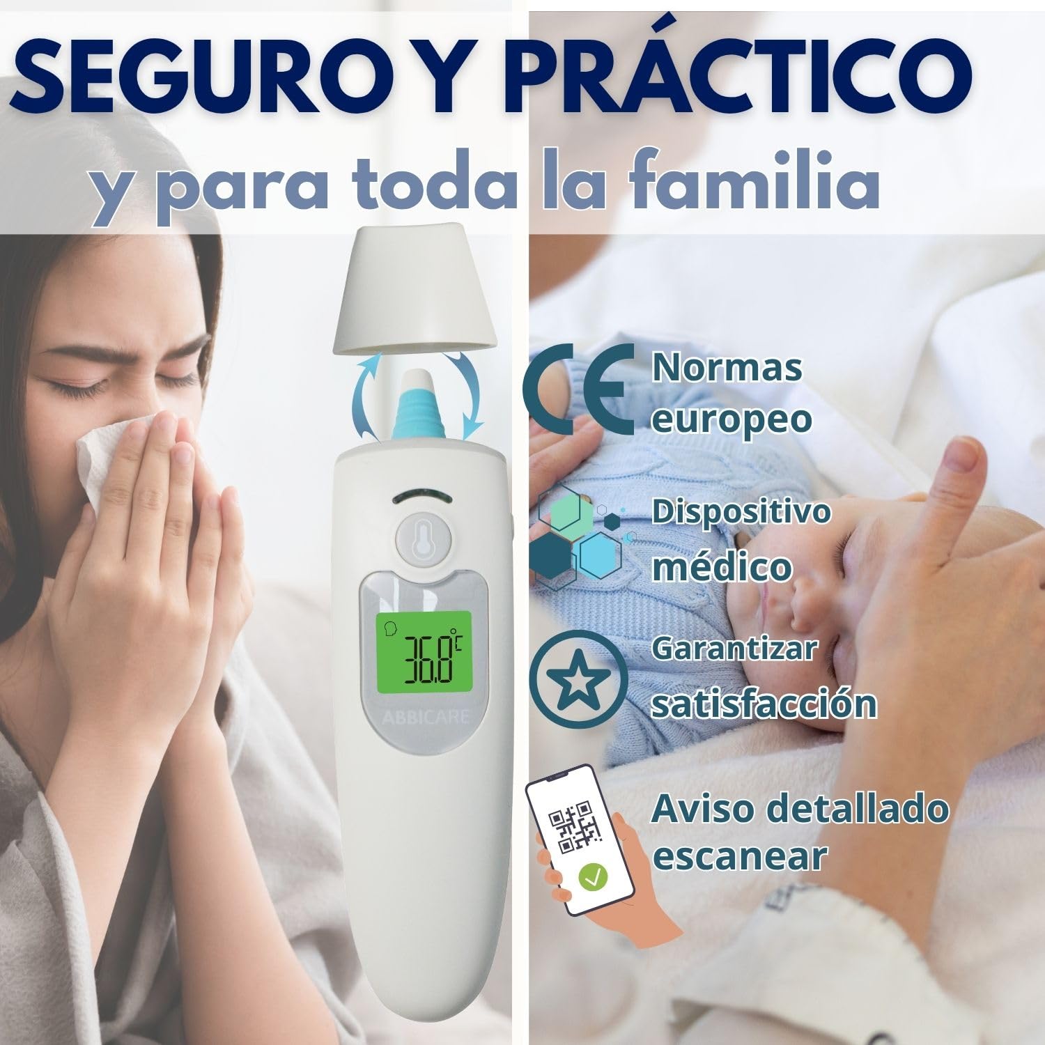Termometro medico sin contacto ABBICARE™ infrarrojo digital | Frontal y auricular | Niño y adulto – Medición rápida en 1 segundo con estuche – Alta precisión – Uso doméstico y profesional