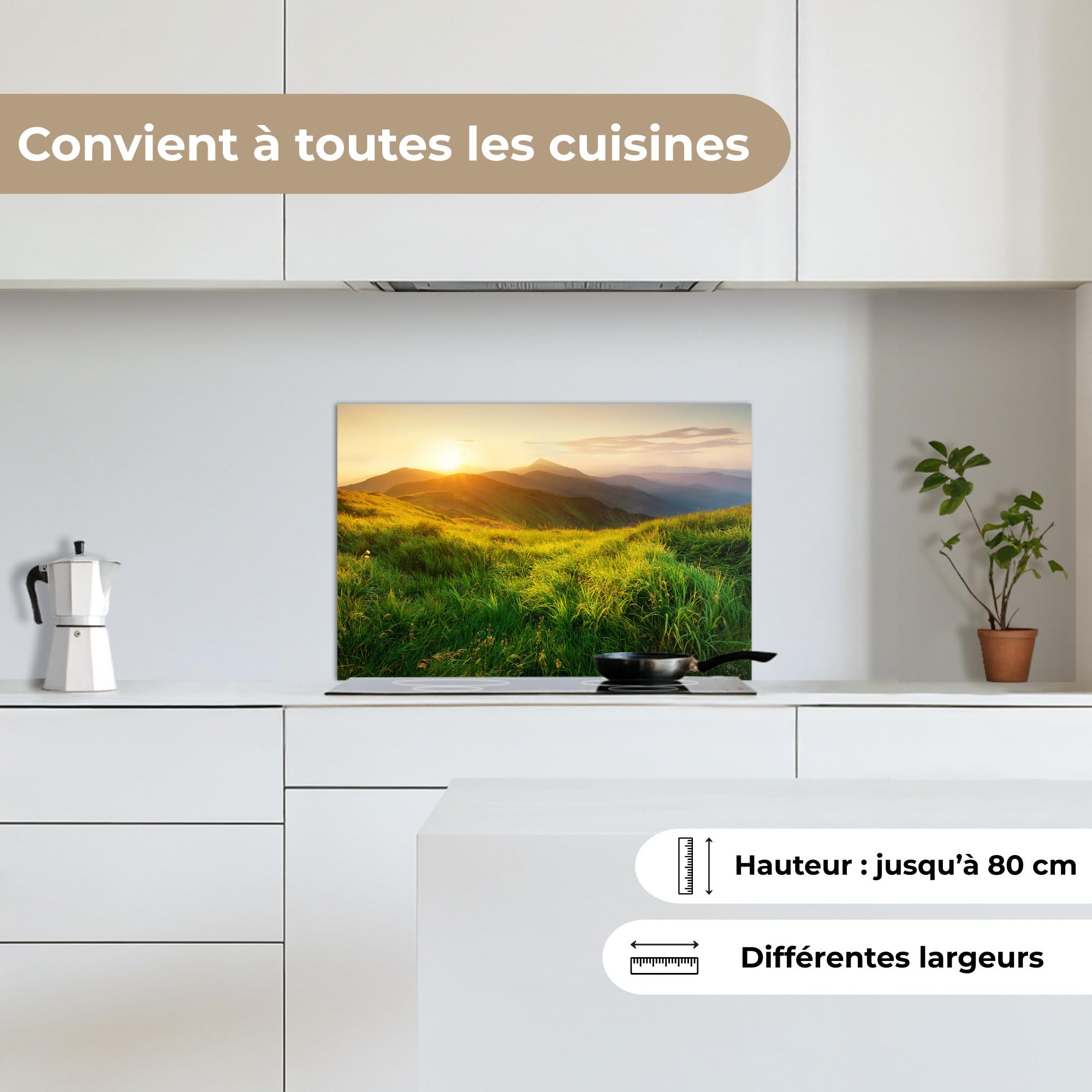KitchenYeah© Credence Adhesive Pour Cuisine 40x60 cm Panneau Mural Adhesif Fond De Hotte Plaque Pvc Murale Peel And Stick Protege Mur Herbe - Collines - Soleil - Nature - Paysage