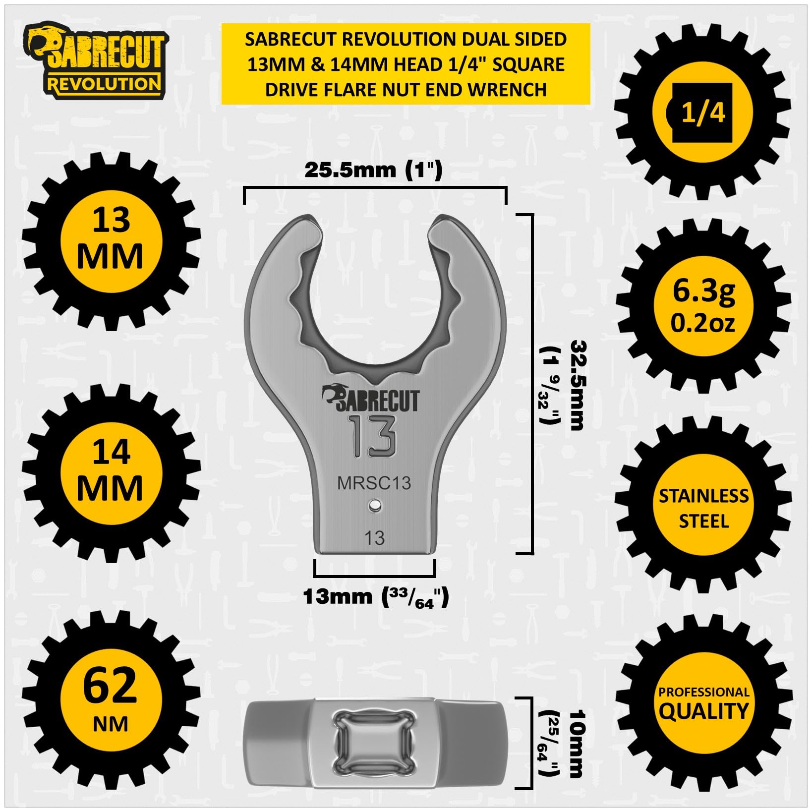 SabreCut 1 x MRSC13 13mm/14mm Dual Sided Flare Nut Wrench Attachment for 1/4" Square Drive Tools - Image 2