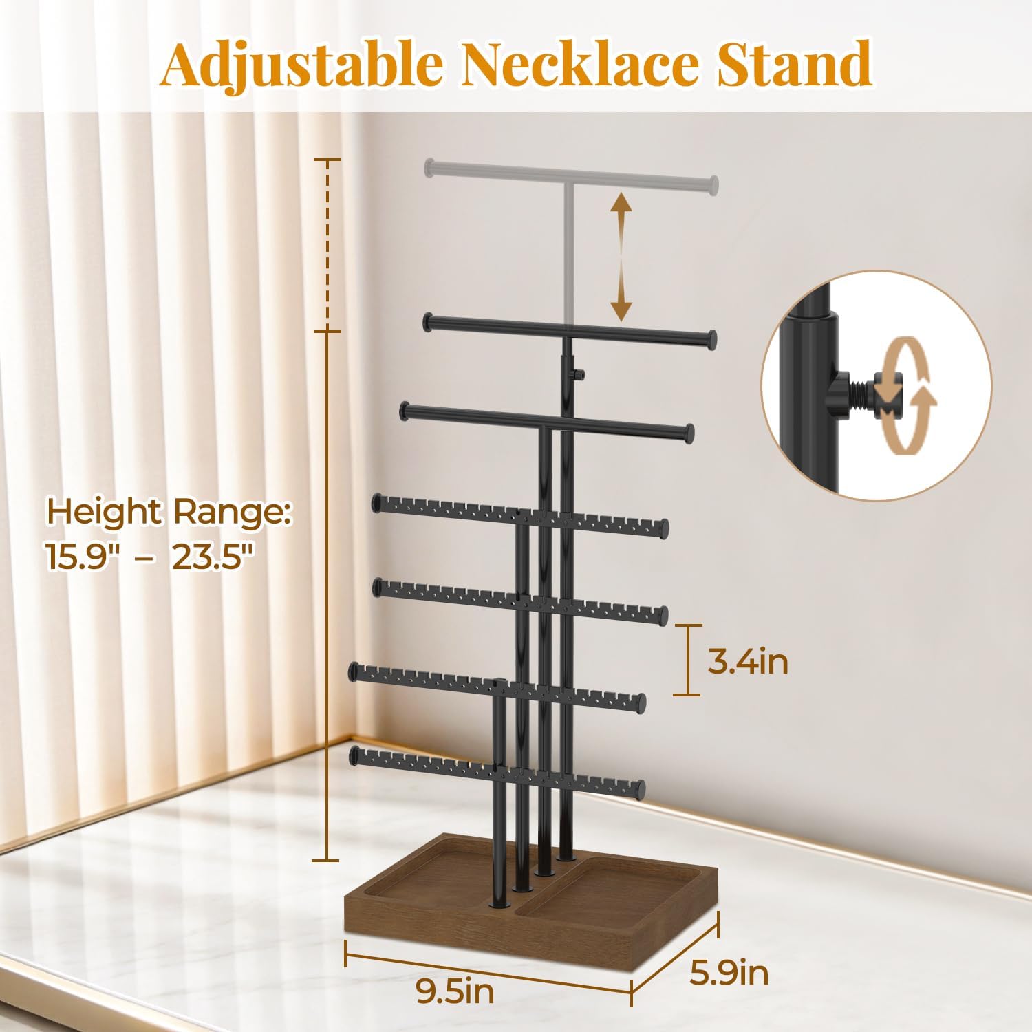 EsLuker.ly Necklace Earring Holder Organizer Display, Adjustable Jewelry Tree Stand with Stable Wooden Storage Base for Women Vendors, 6 Tier Large Bracelet Bangle Rack Tower, Stress-Free Mornings