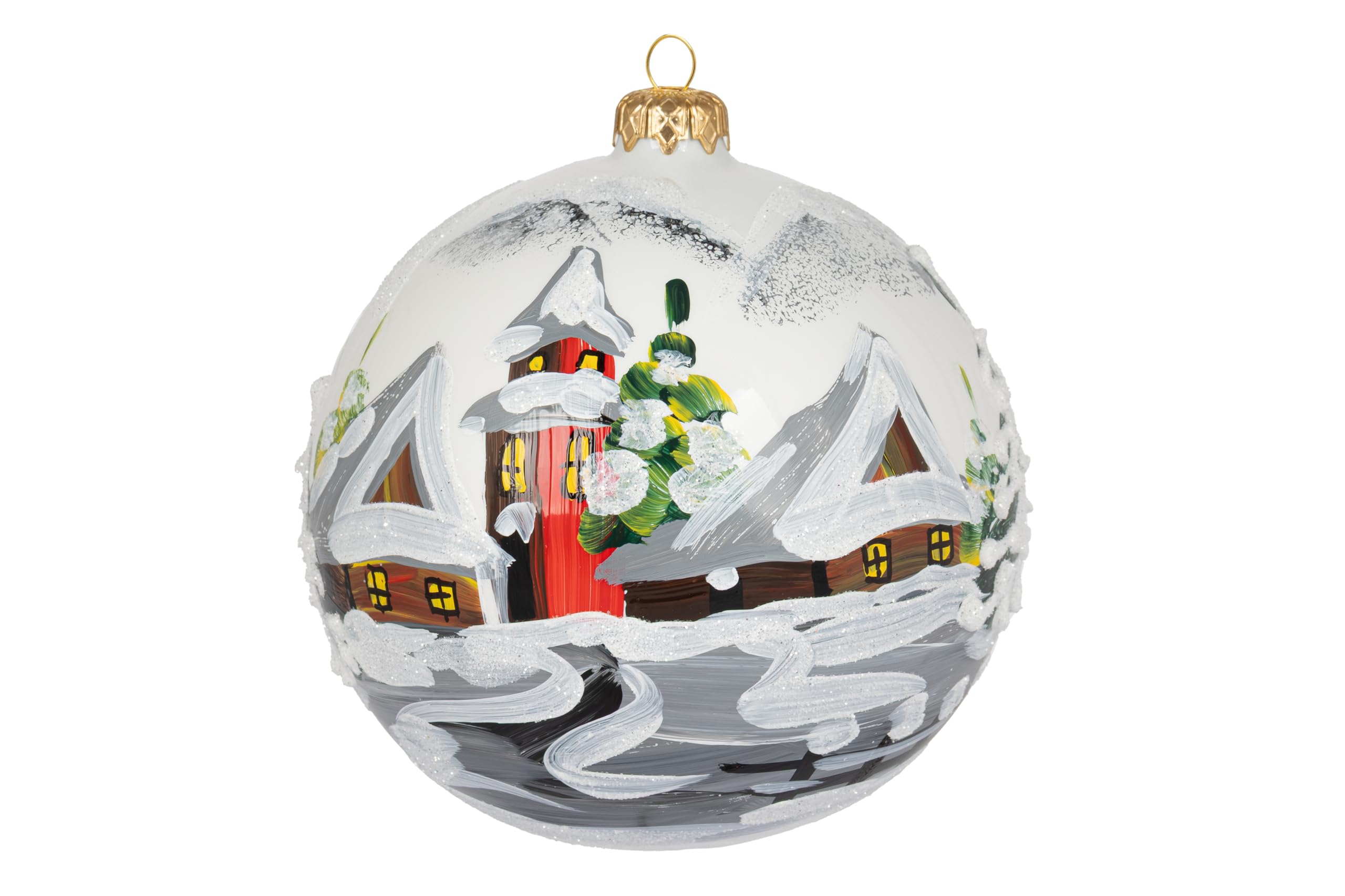 Adorno navideño, paisaje del campo, bola de cristal soplado 5" (blanco ópalo, 120mm)