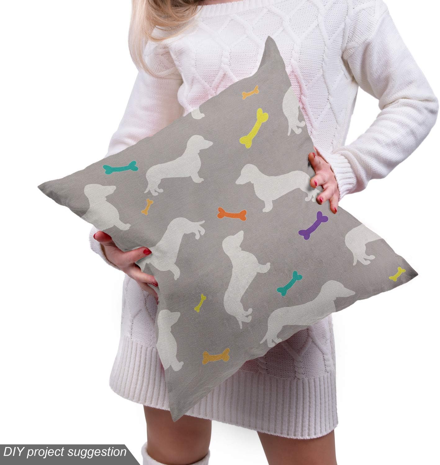 Lunarable Dachshund Fabric by The Yard, Colorful Cartoon Bones and House Pet Silhouettes Domestic Dogs Greyscale Backdrop, Decorative Fabric for Upholstery and Home Accents, 2 Yards, Multicolor