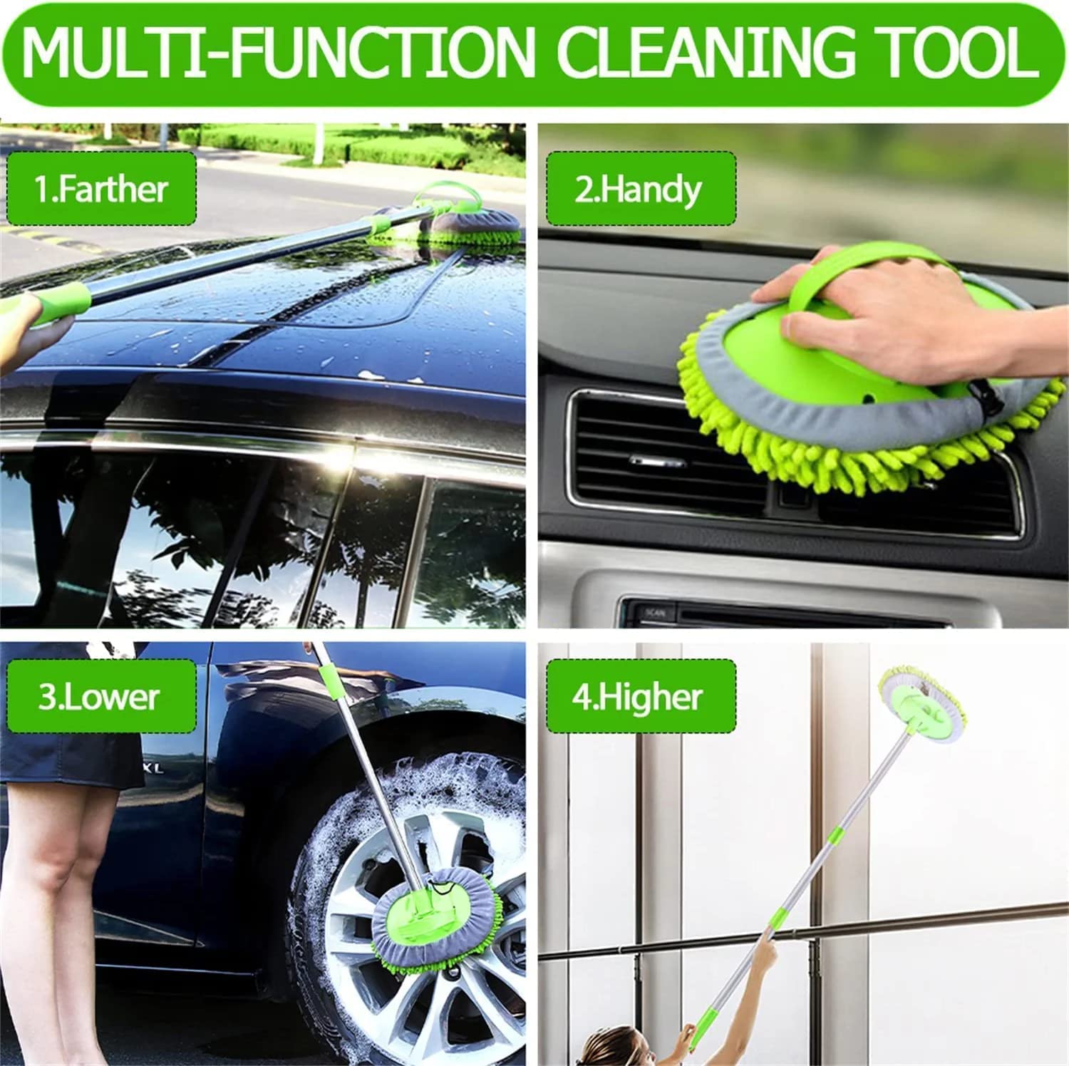 BESTOTTAM 2 in 1 Chenille Microfiber Car Wash Mop Mitt with 46" Aluminum Alloy Long Handle,Car Cleaning Kit Brush Duster,Scratch Free Cleaning Tool Dust Collector Supplies, 2Pcs Mop Head(Green) 2
