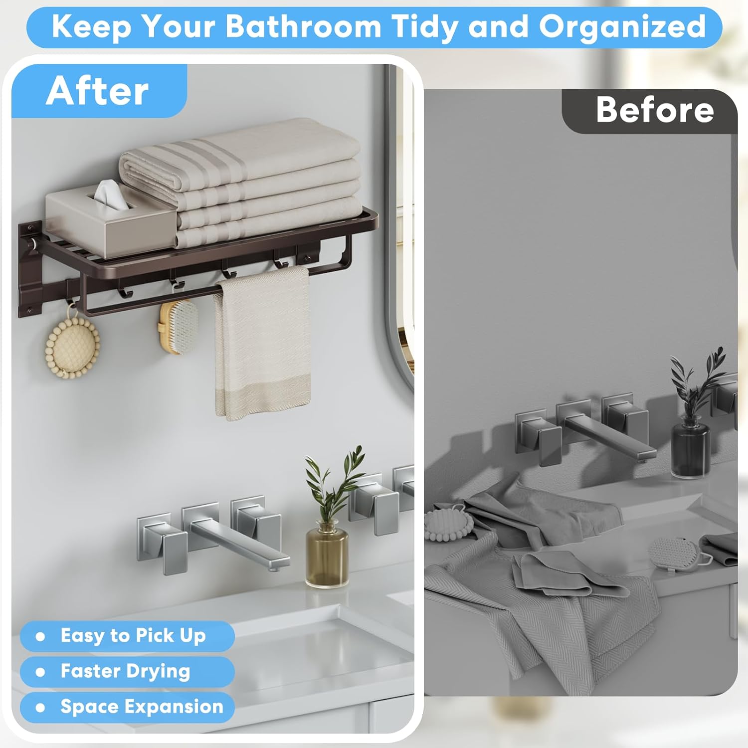 90° Foldable Towel Racks for Bathroom Wall Mounted with Rustproof Aluminum Towel Bar5 Towel Hooks 23IN Shelves Organizers Storage for RV Hotel Lavatory Kitchen Home Decor, Matte Gun Grey