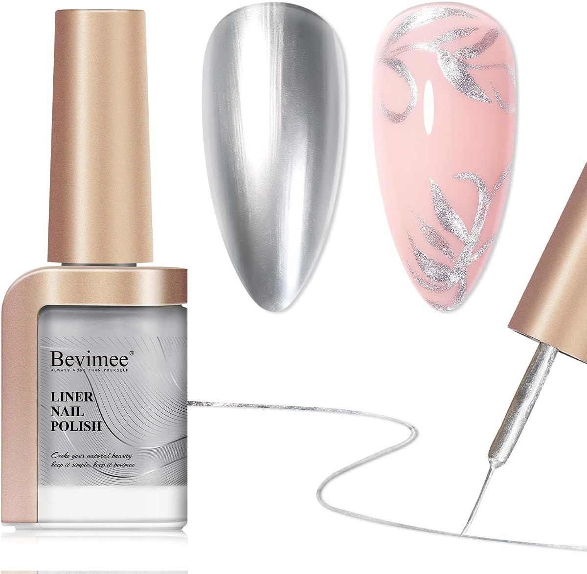 Nail Polish Liner Silver, Air Quick Dry, Chrome Metallic Nail Lacquer Non Gel liner Nail Art, Glitter Build in Thin Brush for Nail Design Polish Nail Decoration Dotting Painting, 12ML