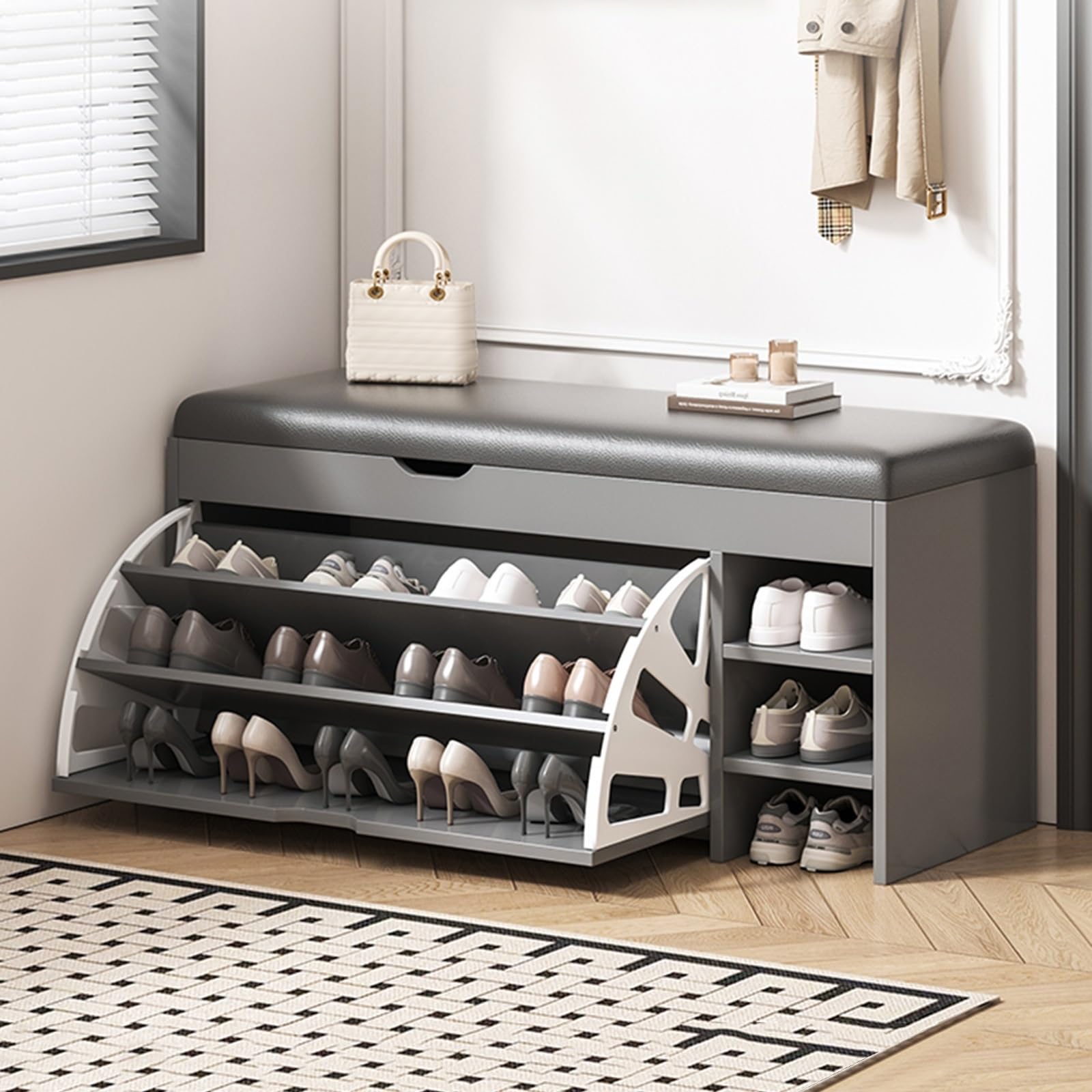Étagère d'entrée à 3 niveaux pour une entrée ordonnée avec banc de rangement à chaussures gris