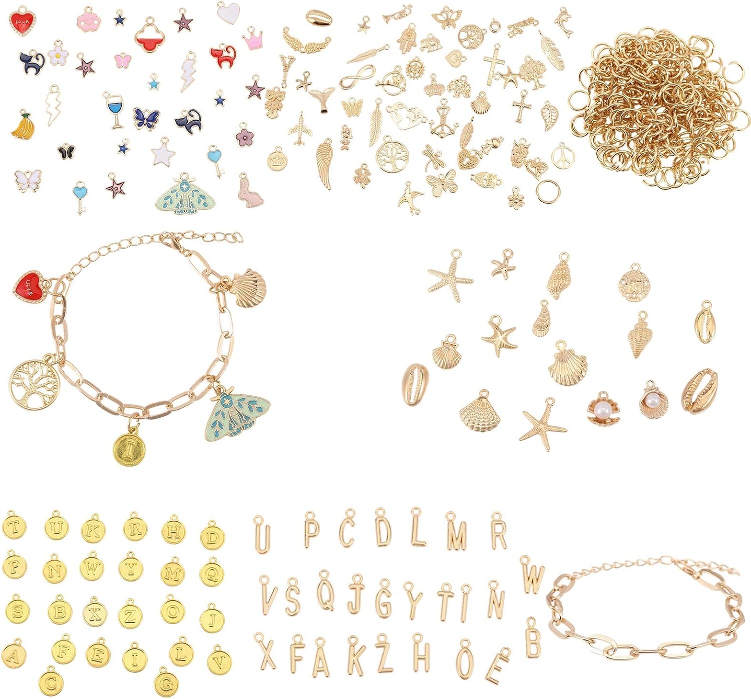 GLOBLELAND 480 Pcs Jewelry Making Kit for Custom Keychains with 5 Types Bulk Assorted Charms Pendants 250 Jump Rings 14 Gold Chain Bracelet Gifts for DIY Necklace Bracelet Earring Keychain