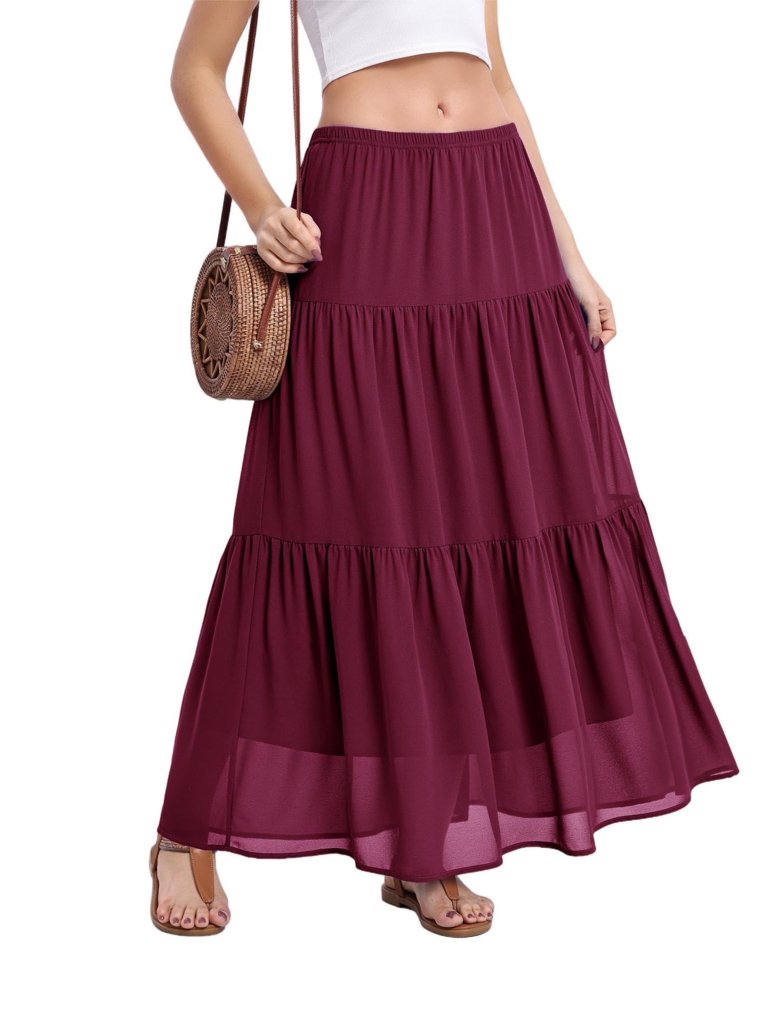 Photo 1 of ***STOCK IMAGE FOR REFERENCE***
Jouica Womens Boho Maxi Skirt 2026 Summer Cruise Casual High Waist Flowy Long Skirt for Beach Vacation,Wine Red, Medium