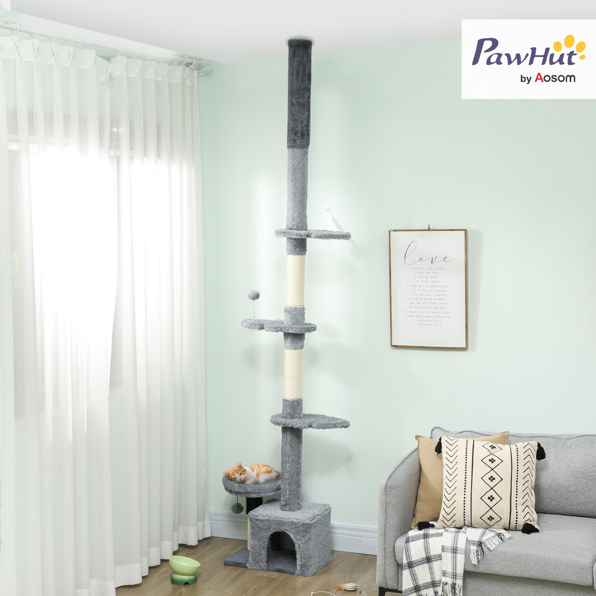 PawHut Albero per gatti da terra a soffitto, torre per gatti multilivello regolabile in altezza da 225 a 255 cm, con tiragraffi in sisal, cuccia, letto e palla sospesa, rivestimento in peluche, grigio