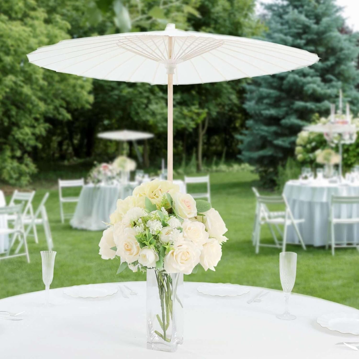 Efavormart 2 Pack 32 inch White Large Paper Parasol Umbrellas, Handcrafted Bamboo Sunshades for Bridal Entry, Editorial Photography Props and Ceiling Decor