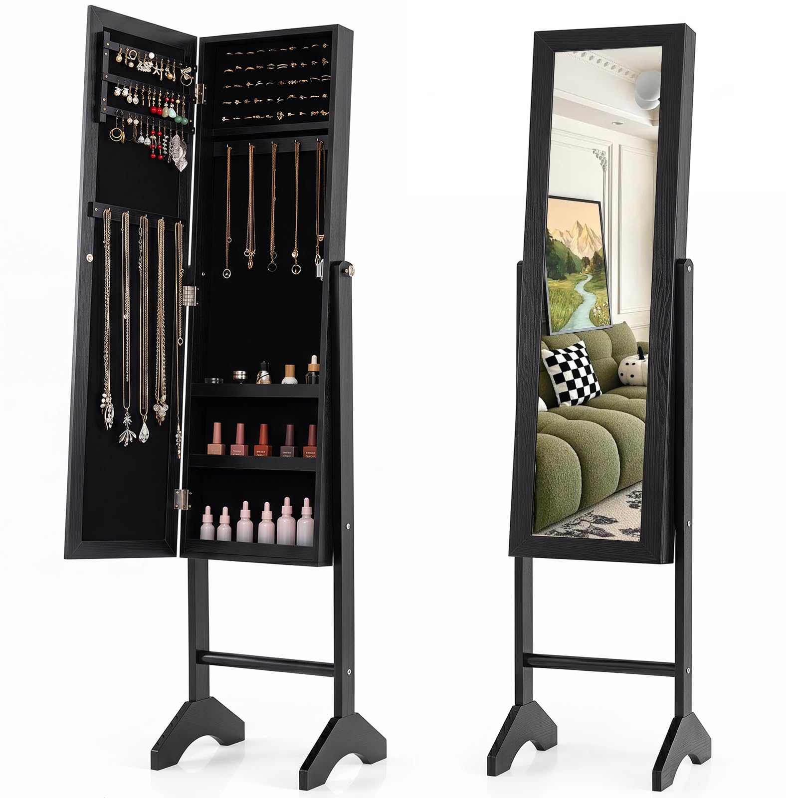 Giantex Jewelry Armoire with Full Length Mirror Freestanding Jewelry Organizer Cabinet with Ring Slots Earring Holders Necklace Hooks & Storage Shelves for Bedroom Black product thumbnail 3