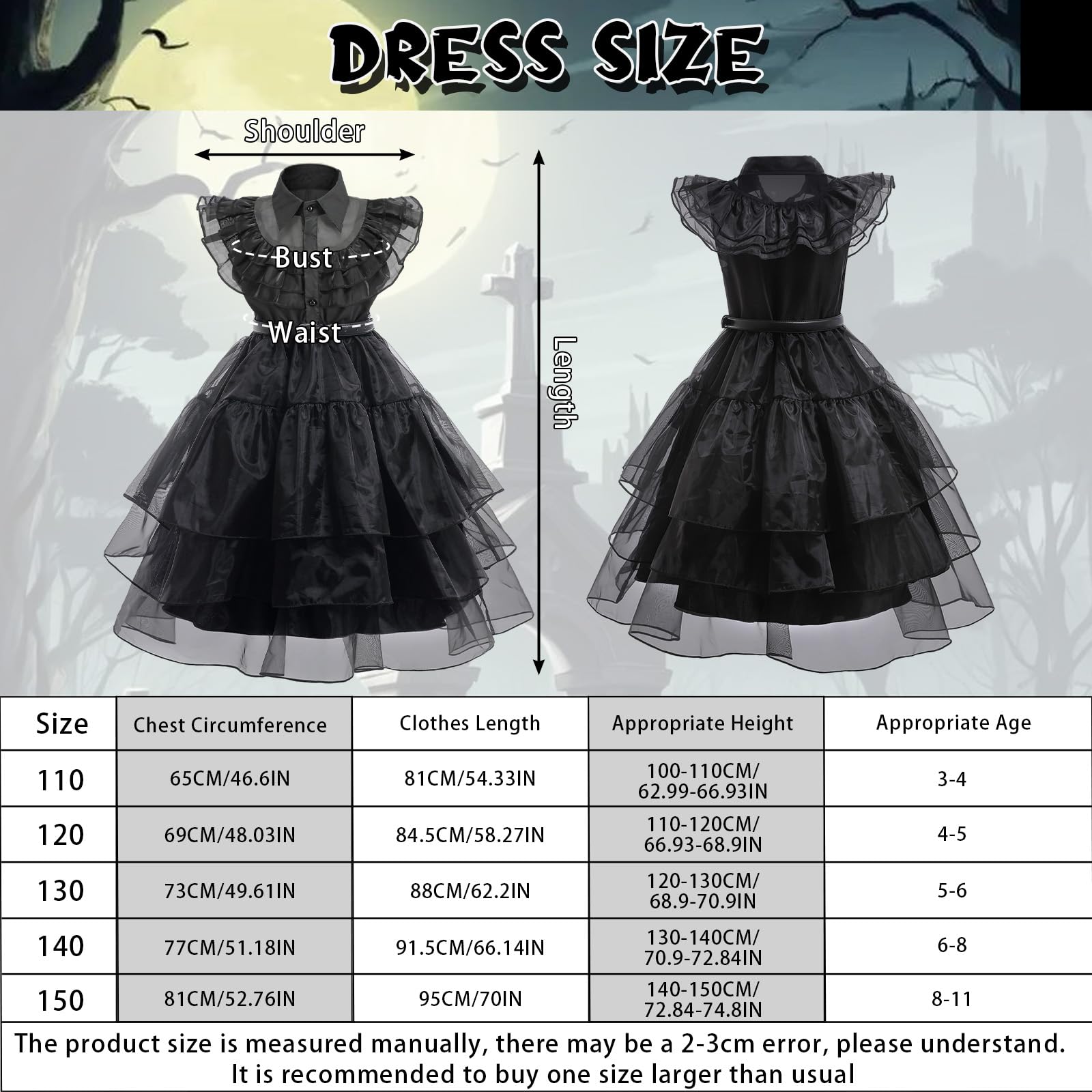 yumcute Vestido Gótico Niñas Princesa Disfraz Halloween para Niñas Vestidos para con Peluca Cinturón Calcetines Disfraz Negro Princesa Niña Halloween Carnaval Cosplay Fiesta 4-11 Años