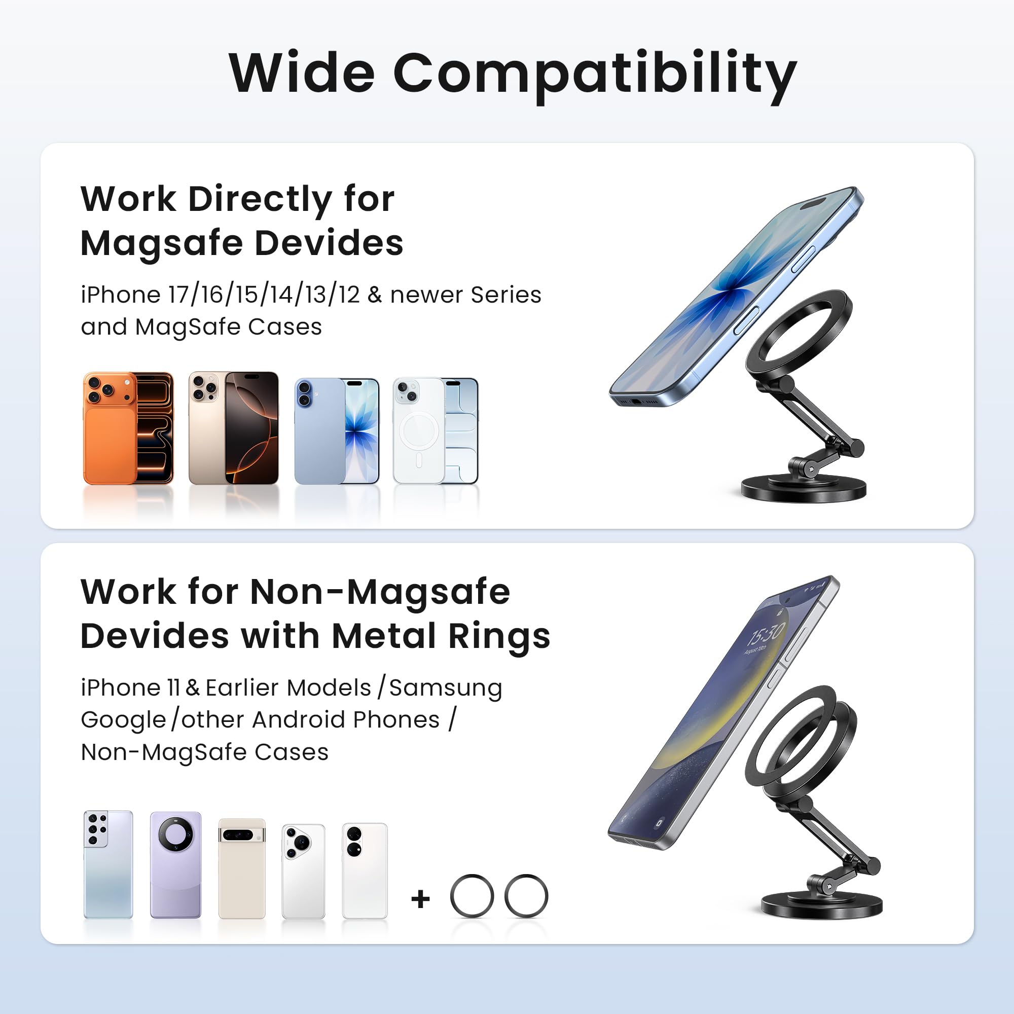 Itramax Supporto Magnetico per Telefono Rotante a 360°,Supporto Pieghevole Portatile per Scrivania con Base Antiscivolo & Anello Doppio per iPhone 17 16 Plus 13 12 11,Pixel 9 8,Samsung,Ufficio,Cucina