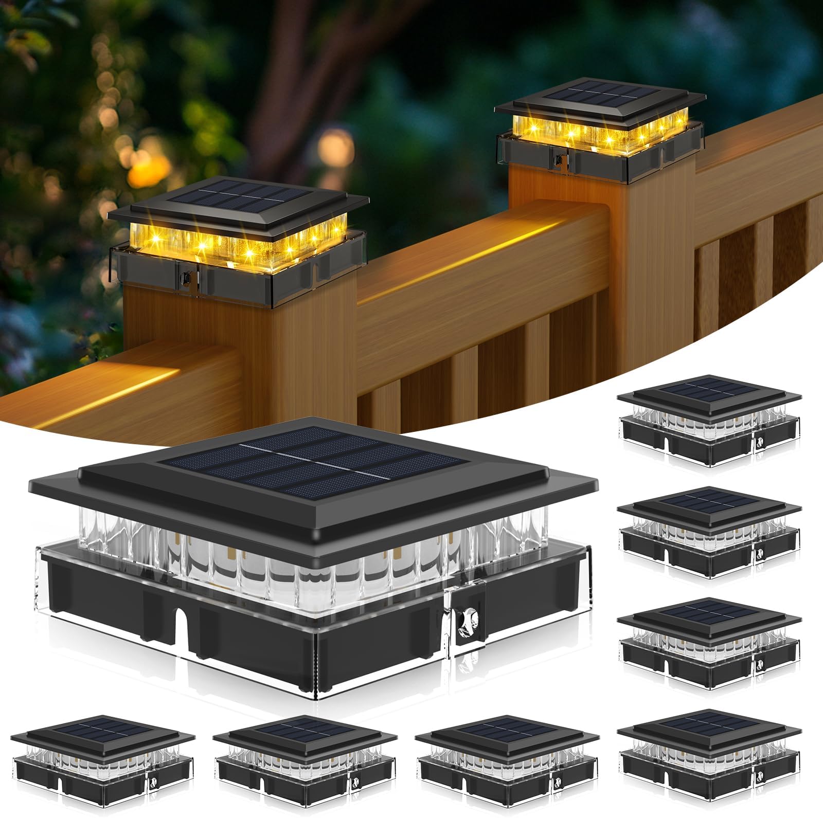 kolpop 4x4 Solar Post Cap Lights Outdoor 8Pack, Deck Post Light Solar Powered IP65 Waterproof for 4x4 3.5x3.5 Wooden/Vinyl Posts, Black Fence Deck Lights with Bright Warm White for Patio/Porch